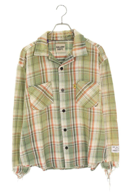 GALLERY DEPT Distressed Check Long Sleeve Shirt Green Size L