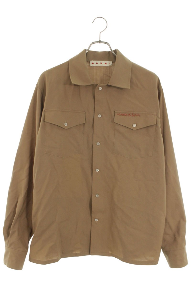 Marni Brown Wool Logo Embroidered Long Sleeve Shirt Size M