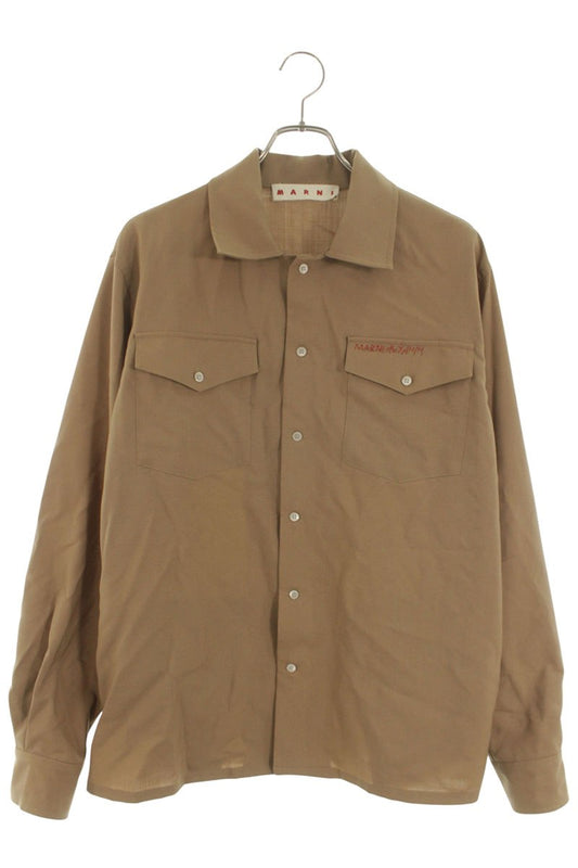 Marni Brown Wool Logo Embroidered Long Sleeve Shirt Size M