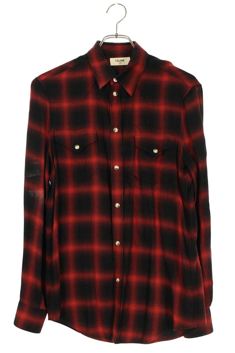 CELINE Viscose Check Western Long Sleeve Shirt Red Size XXL