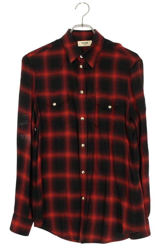 CELINE Viscose Check Western Long Sleeve Shirt Red Size XXL