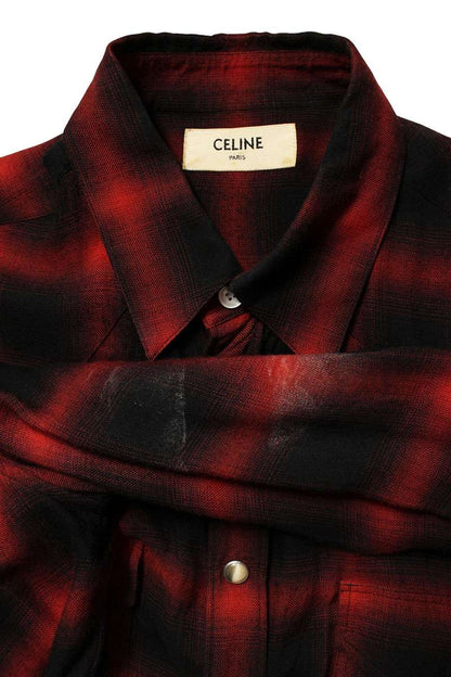 CELINE Viscose Check Western Long Sleeve Shirt Red Size XXL