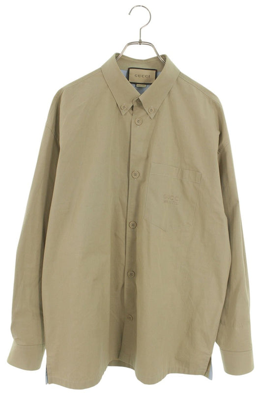 GUCCI Logo Embroidered Cotton Shirt Beige Size M