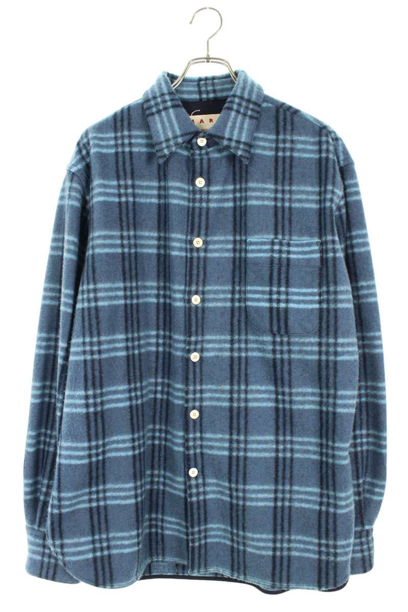 Marni Blue Wool Blend Plaid Long Sleeve Shirt Size M