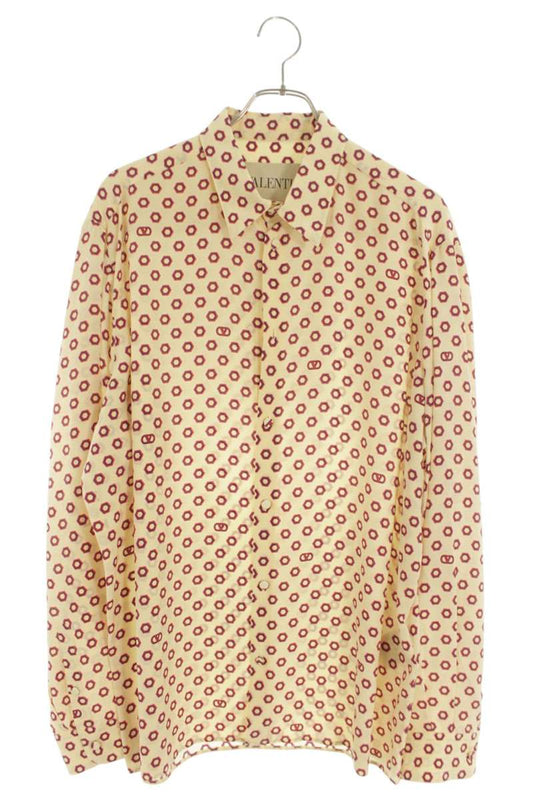 Valentino All-Over Print Silk Long Sleeve Shirt Beige Size XS