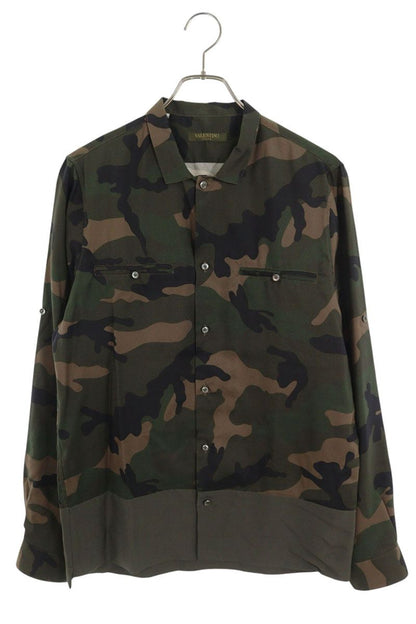 Valentino Camo Silk Long Sleeve Shirt Green Size 39