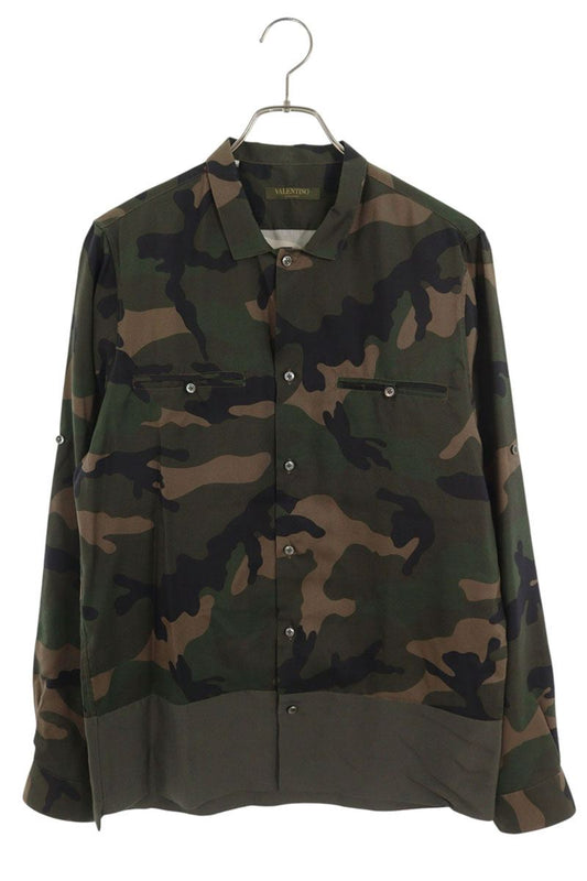 Valentino Camo Silk Long Sleeve Shirt Green Size 39