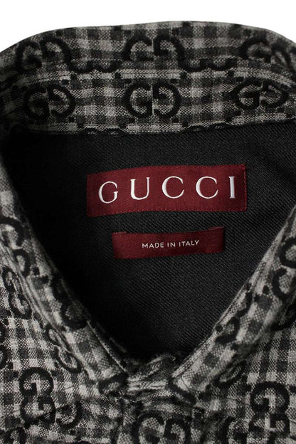 GUCCI GG Gingham Check Wool Blend Long Sleeve Shirt Multi Size S