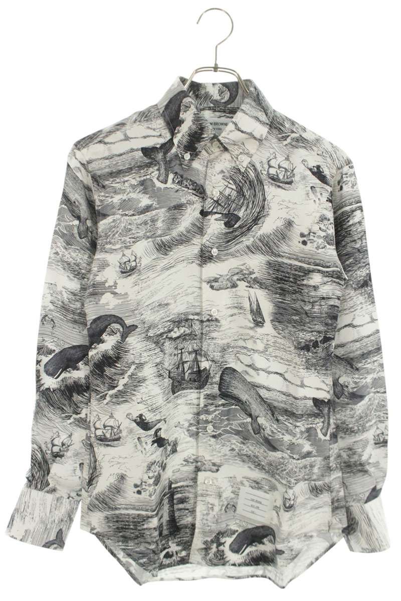 THOM BROWNE Marine Pattern Silk Twill Long Sleeve Shirt White Size 1