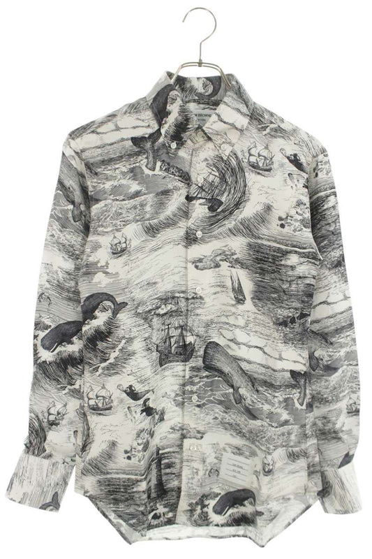 THOM BROWNE Marine Pattern Silk Twill Long Sleeve Shirt White Size 1
