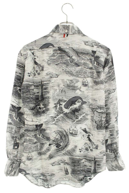 THOM BROWNE Marine Pattern Silk Twill Long Sleeve Shirt White Size 1