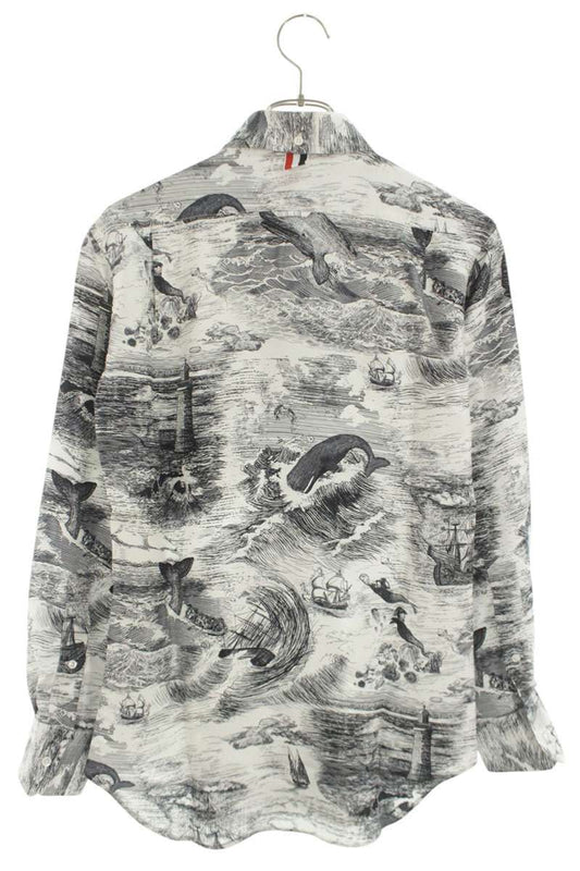 THOM BROWNE Marine Pattern Silk Twill Long Sleeve Shirt White Size 1