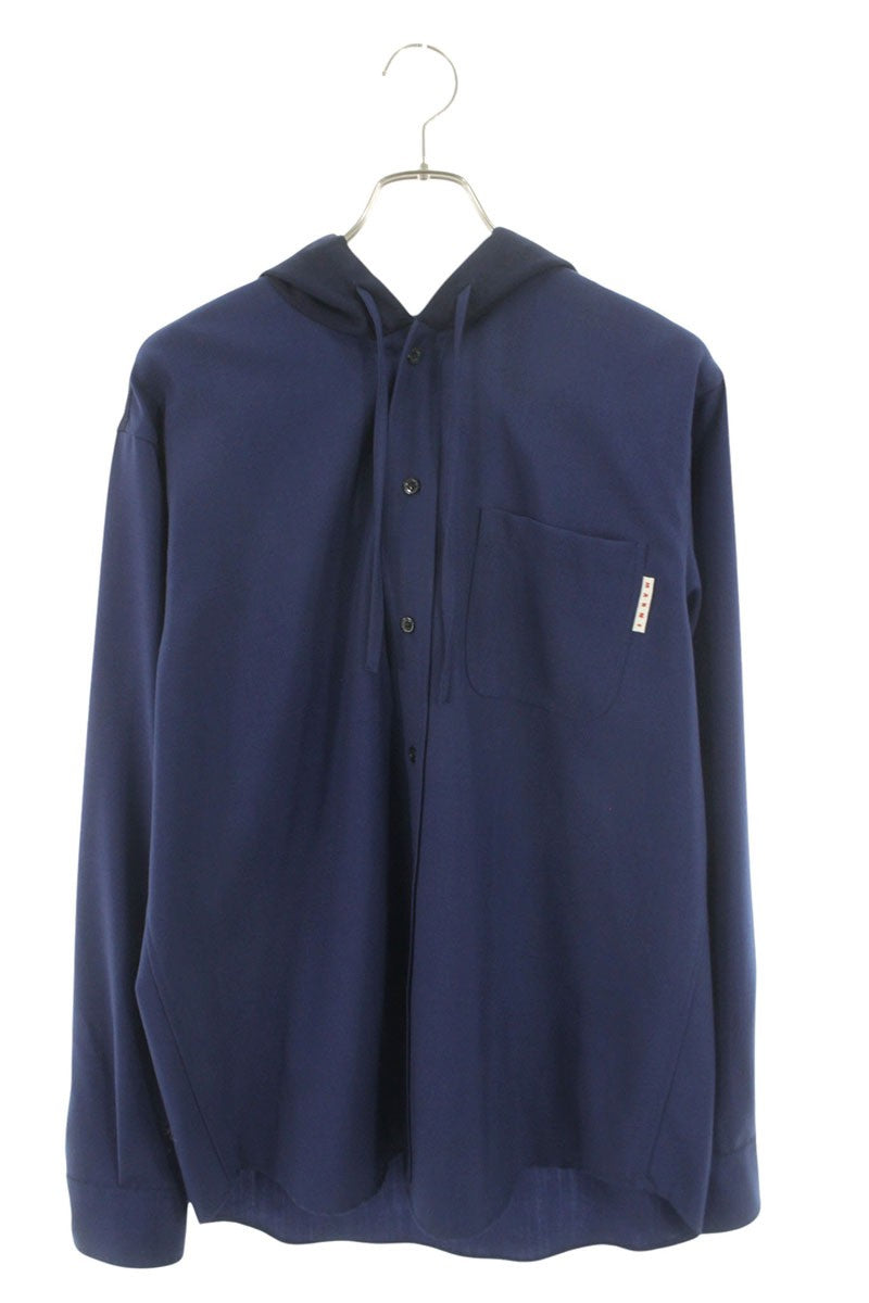 Marni Blue Wool Tropical Hooded Long Sleeve Shirt Size S