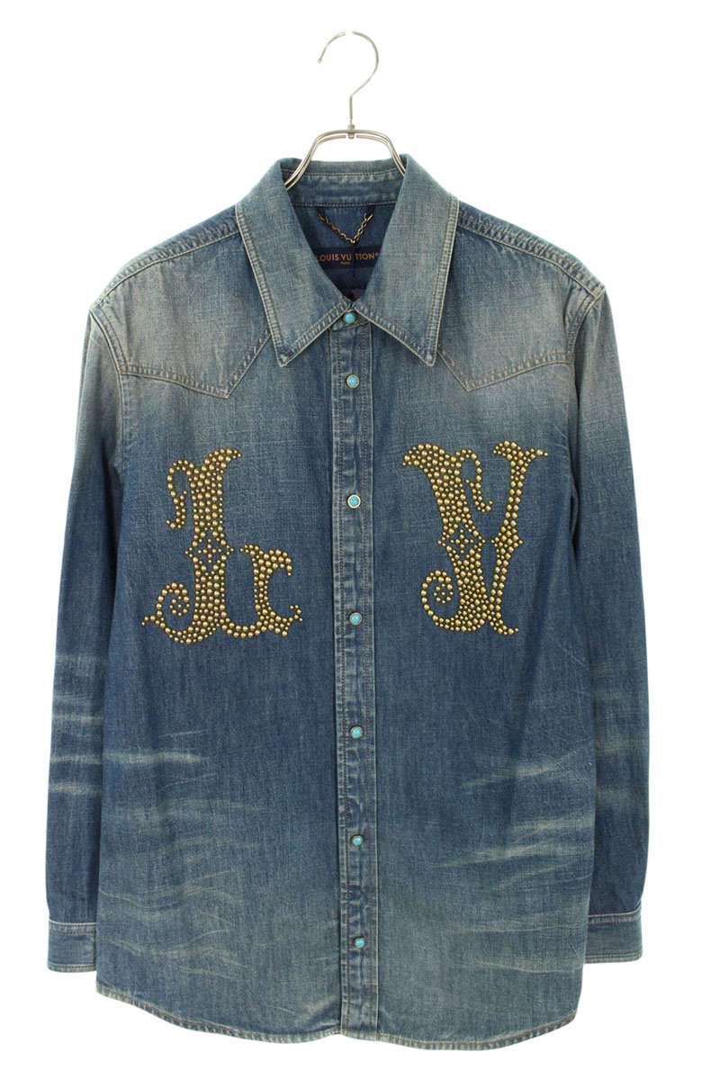 LOUISVUITTON Logo Stone Embellished Denim Shirt Size L