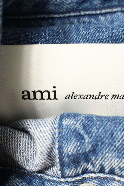AMI 26SS Embroidered Denim Long Sleeve Shirt Blue Size S
