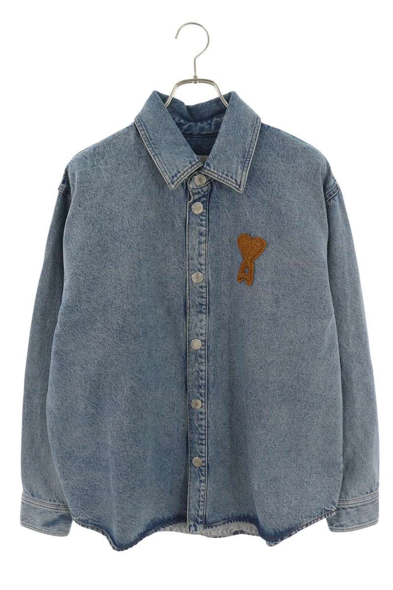 AMI 26SS Embroidered Denim Long Sleeve Shirt Blue Size M