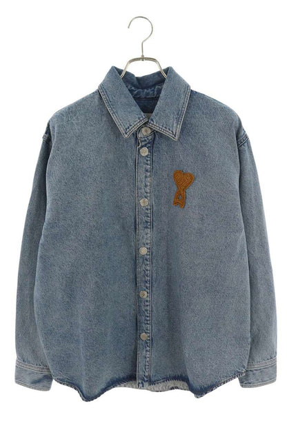 AMI 26SS Embroidered Denim Long Sleeve Shirt Blue Size M