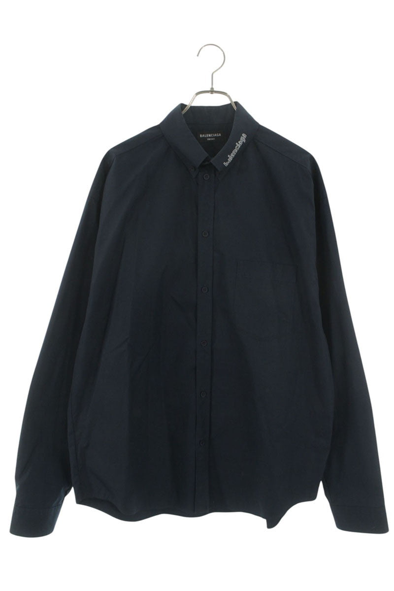 Balenciaga Logo Embroidered Long Sleeve Shirt Blue Size 38