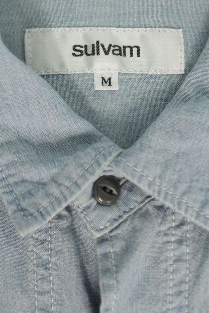 sulvam Frayed Design Cotton Long Sleeve Shirt Light Blue Size M