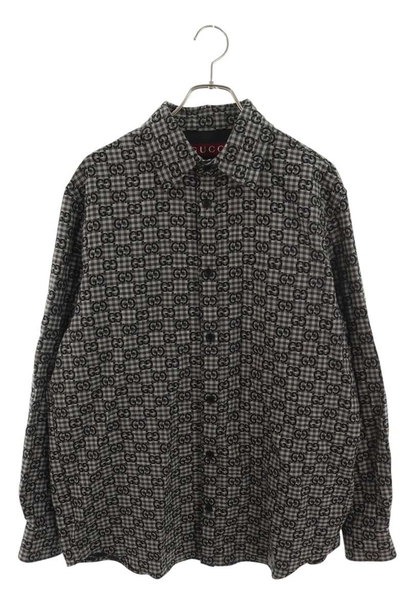 GUCCI GG Gingham Check Wool Cotton Long Sleeve Shirt Black Size S