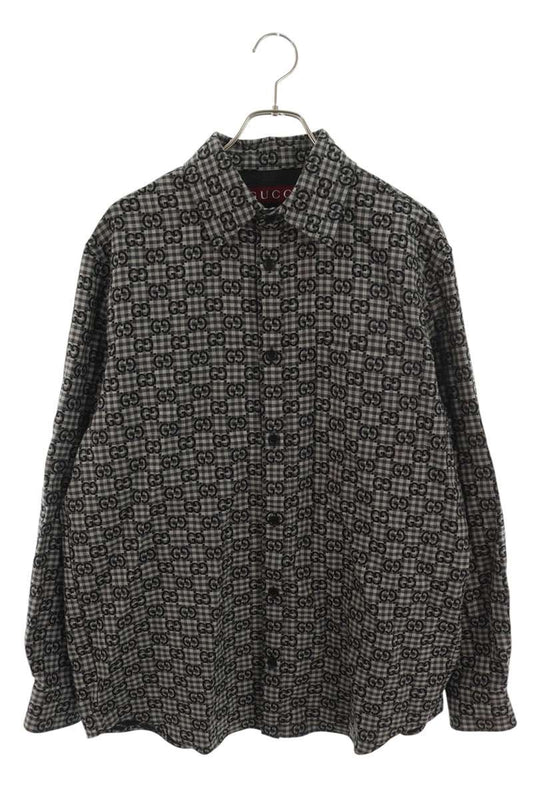 GUCCI GG Gingham Check Wool Cotton Long Sleeve Shirt Black Size S
