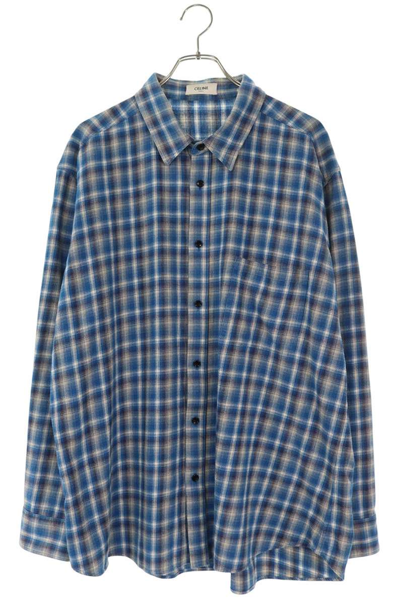 CELINE Flannel Check Loose Fit Long Sleeve Shirt Blue Size S