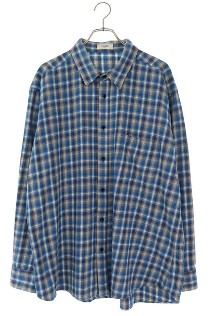 CELINE Flannel Check Loose Fit Long Sleeve Shirt Blue Size S