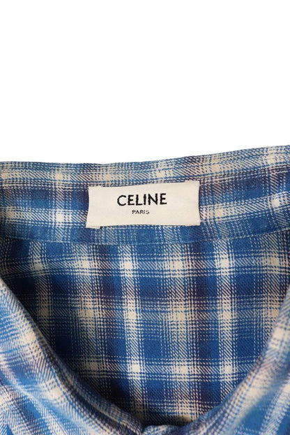 CELINE Flannel Check Loose Fit Long Sleeve Shirt Blue Size S