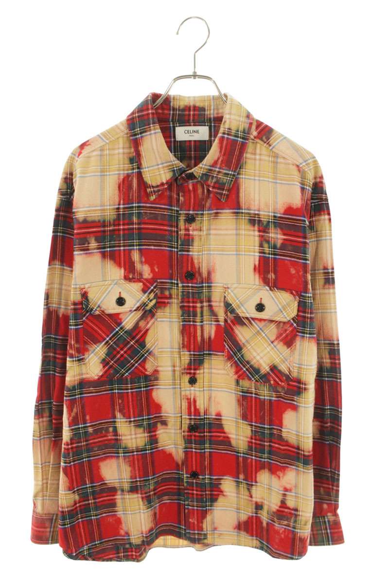 CELINE Bleach Wash Tartan Check Long Sleeve Shirt Red Size S