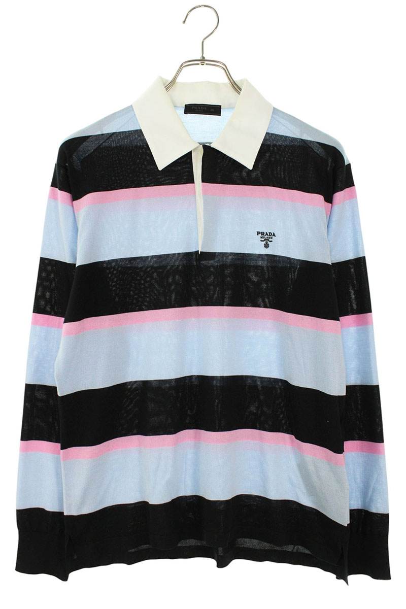 PRADA Stripe Silk Blend Polo Long Sleeve Shirt Multi Size S