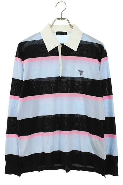 PRADA Stripe Silk Blend Polo Long Sleeve Shirt Multi Size S