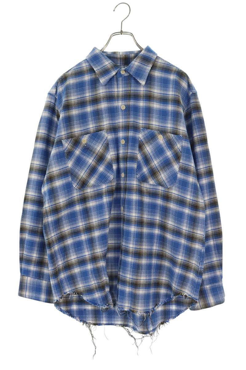 The Letters Cut-Off Check Cotton Long Sleeve Shirt Blue Size L