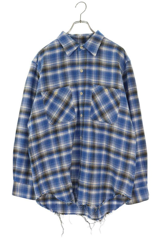 The Letters Cut-Off Check Cotton Long Sleeve Shirt Blue Size L