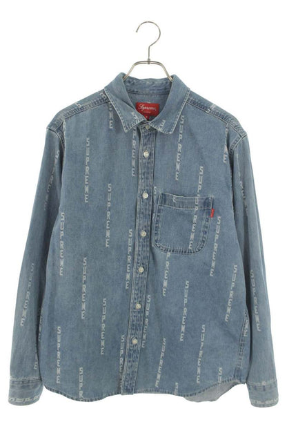 Supreme 20AW Logo Stripe Jacquard Denim Shirt Blue Size S