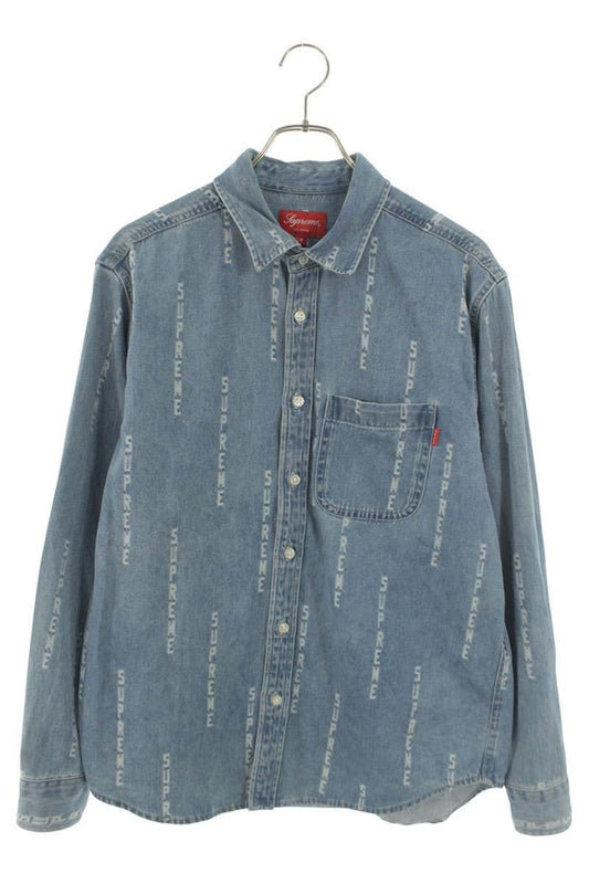 Supreme 20AW Logo Stripe Jacquard Denim Shirt Blue Size S