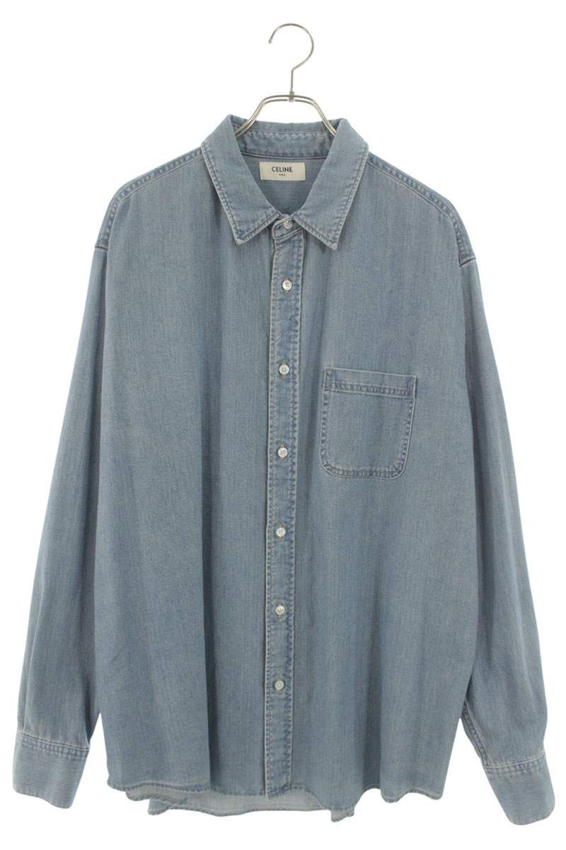 CELINE Oversized Denim Long Sleeve Shirt Light Blue Size XL