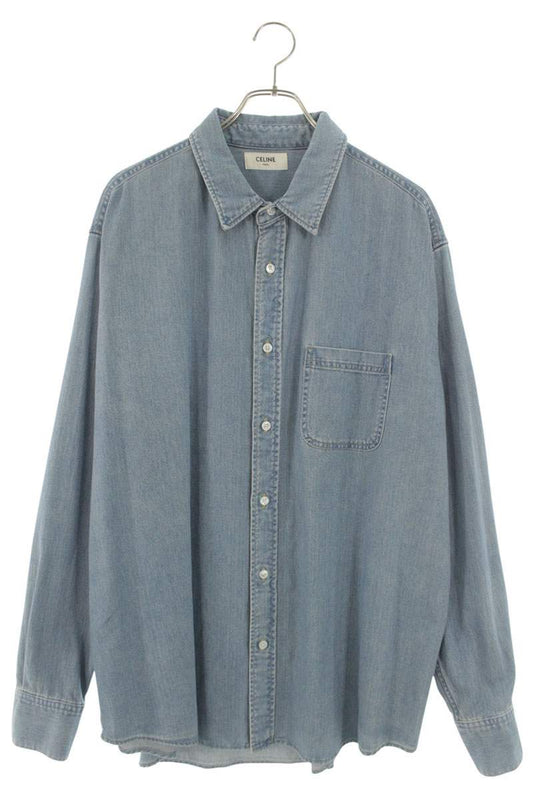 CELINE Oversized Denim Long Sleeve Shirt Light Blue Size XL