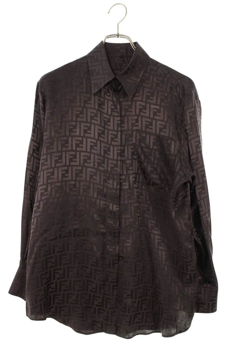 FENDI Zucca All-Over Silk Long Sleeve Shirt Brown Size XXL