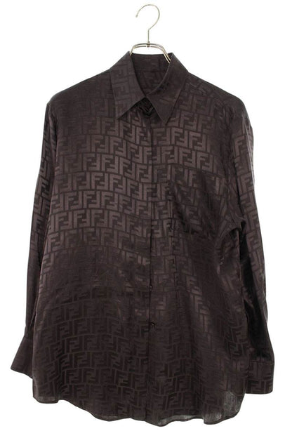 FENDI Zucca All-Over Silk Long Sleeve Shirt Brown Size XXL