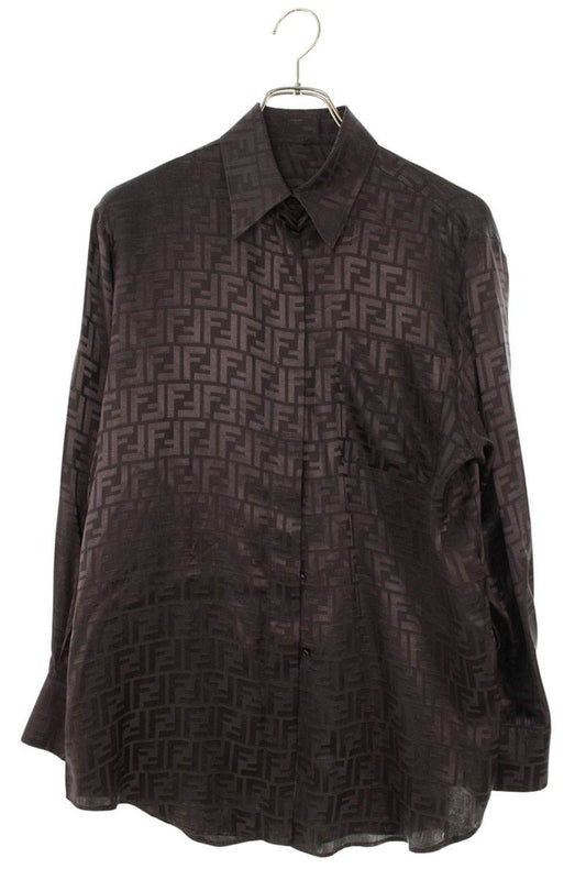 FENDI Zucca All-Over Silk Long Sleeve Shirt Brown Size XXL