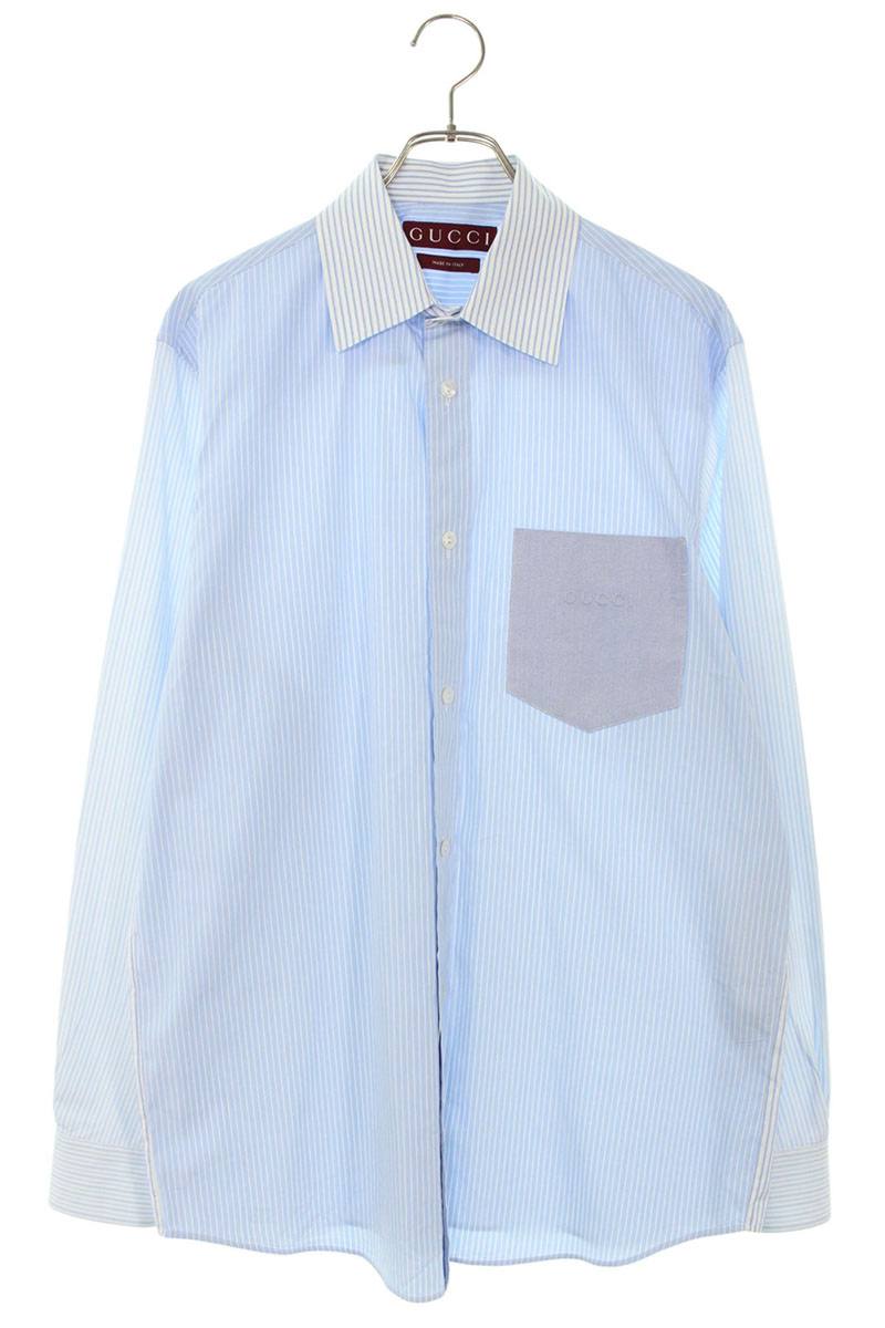 GUCCI 25AW Embossed Logo Stripe Cotton Long Sleeve Shirt Blue Size S