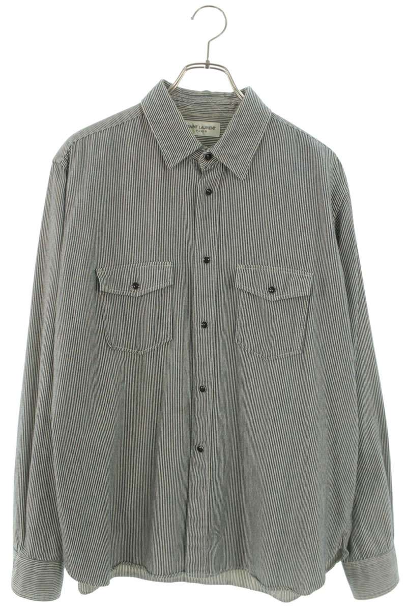 SAINT LAURENT PARIS Cotton Hickory Stripe Long Sleeve Shirt Size M