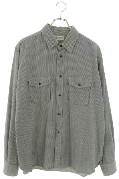SAINT LAURENT PARIS Cotton Hickory Stripe Long Sleeve Shirt Size M
