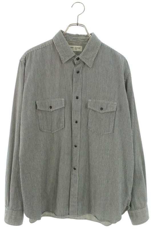 SAINT LAURENT PARIS Cotton Hickory Stripe Long Sleeve Shirt Size M