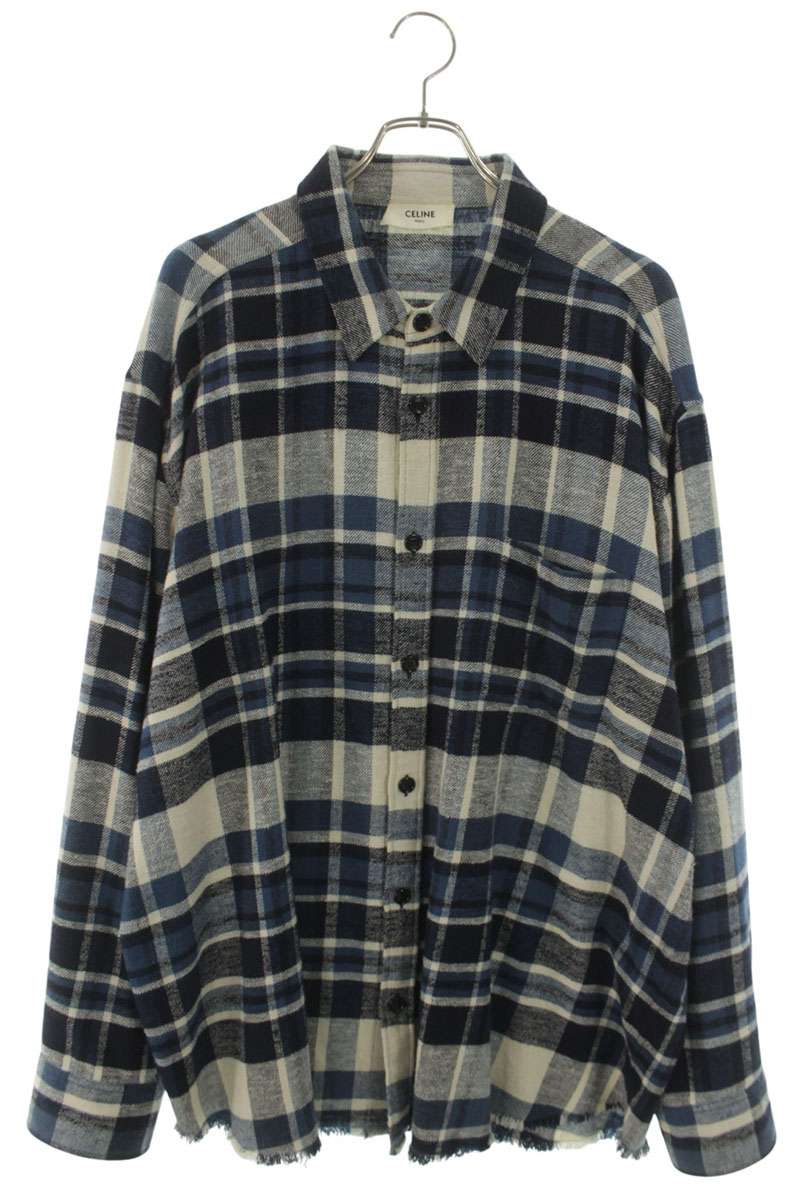 CELINE Frayed Oversized Check Long Sleeve Shirt Blue Black Size S