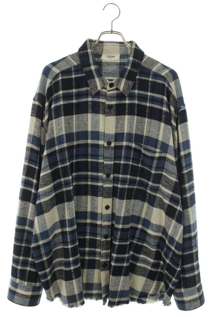 CELINE Frayed Oversized Check Long Sleeve Shirt Blue Black Size S