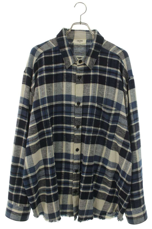 CELINE Frayed Oversized Check Long Sleeve Shirt Blue Black Size S