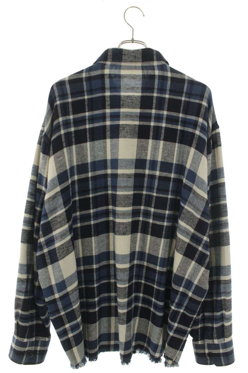 CELINE Frayed Oversized Check Long Sleeve Shirt Blue Black Size S