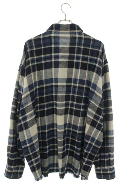 CELINE Frayed Oversized Check Long Sleeve Shirt Blue Black Size S
