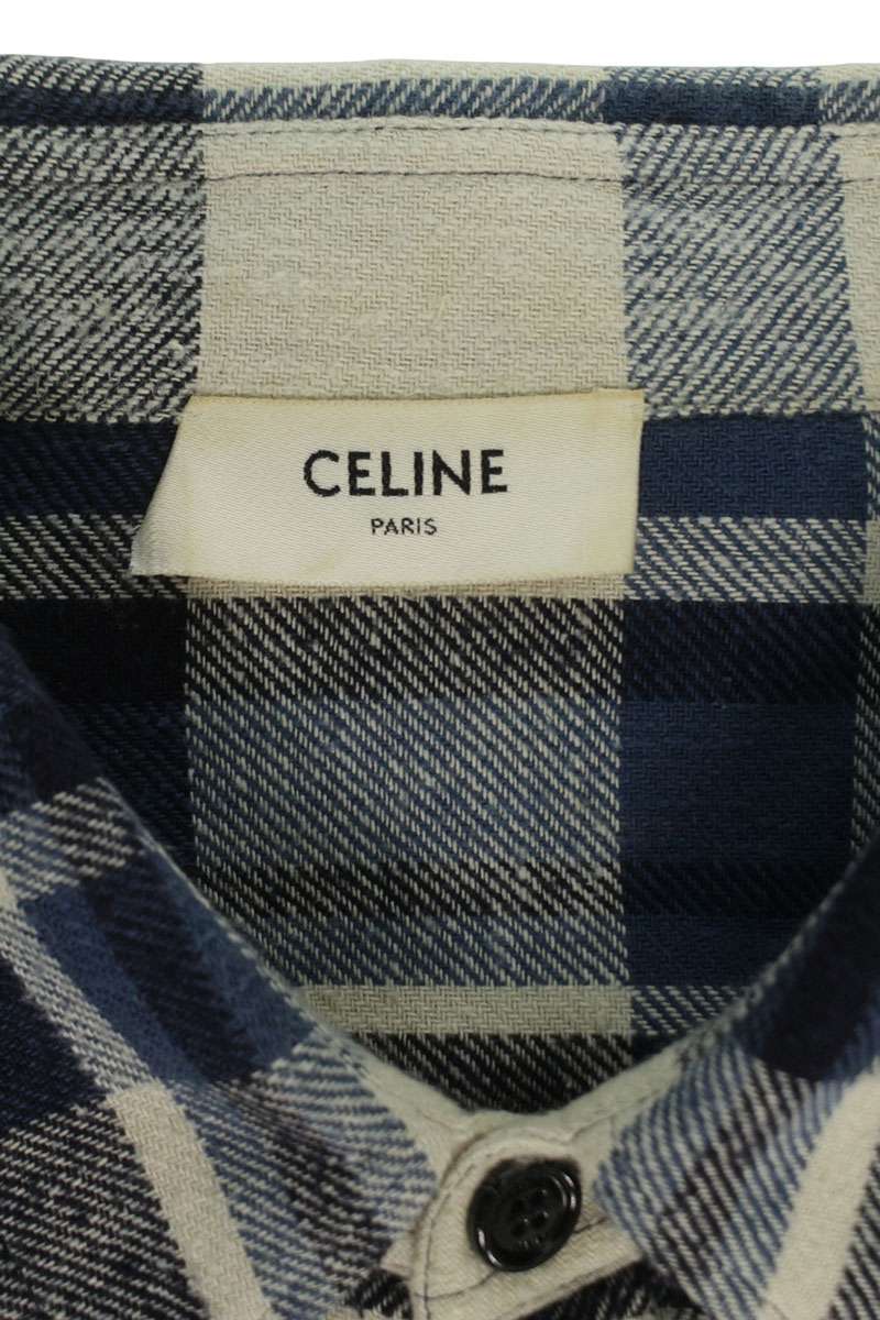 CELINE Frayed Oversized Check Long Sleeve Shirt Blue Black Size S